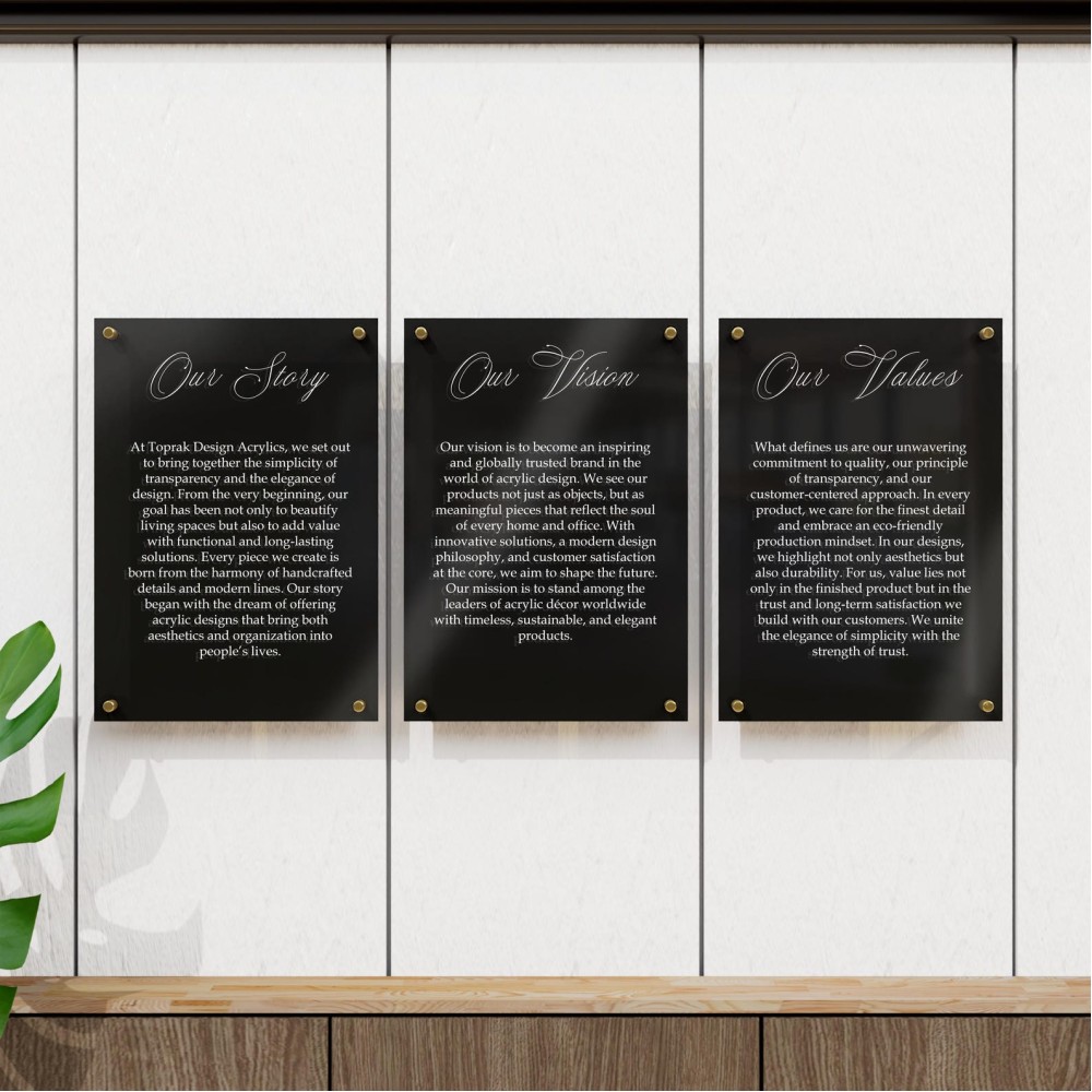 Three black acrylic wall plaques with a company story, vision and values on an office wall