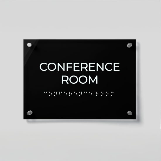 ADA Compliant Acrylic Conference Room Sign with Braille– Office Door Sign for Meeting Room, Acrylic Wall Name Plate with Silver Standoffs, Business Office Door Signage