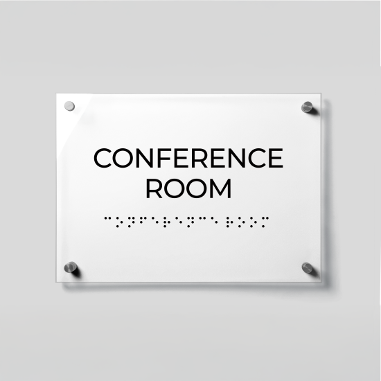 ADA Compliant Acrylic Conference Room Sign with Braille– Office Door Sign for Meeting Room, Acrylic Wall Name Plate with Silver Standoffs, Business Office Door Signage