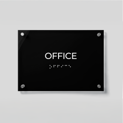 ADA Compliant Acrylic Office Door Sign with Braille – Wall Mounted Business Sign, Tactile Raised Lettering, Clear Acrylic Name Plate with Silver Standoffs for Accessible Workplaces