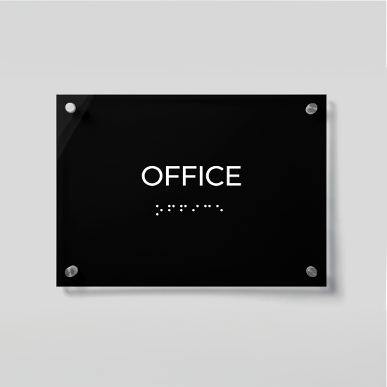 ADA Compliant Acrylic Office Door Sign with Braille – Wall Mounted Business Sign, Tactile Raised Lettering, Clear Acrylic Name Plate with Silver Standoffs for Accessible Workplaces