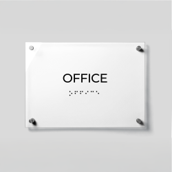 ADA Compliant Acrylic Office Door Sign with Braille – Wall Mounted Business Sign, Tactile Raised Lettering, Clear Acrylic Name Plate with Silver Standoffs for Accessible Workplaces