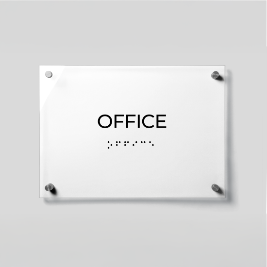 ADA Compliant Acrylic Office Door Sign with Braille – Wall Mounted Business Sign, Tactile Raised Lettering, Clear Acrylic Name Plate with Silver Standoffs for Accessible Workplaces