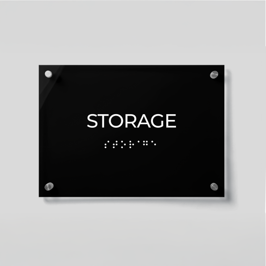 ADA Compliant Acrylic Storage Room Sign with Braille – Acrylic Door Plaque with Raised Lettering, Wall Mounted Accessible Business Sign with Silver Standoffs