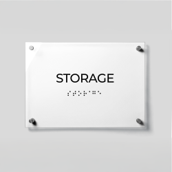 ADA Compliant Acrylic Storage Room Sign with Braille – Acrylic Door Plaque with Raised Lettering, Wall Mounted Accessible Business Sign with Silver Standoffs