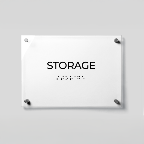 ADA Compliant Acrylic Storage Room Sign with Braille – Acrylic Door Plaque with Raised Lettering, Wall Mounted Accessible Business Sign with Silver Standoffs