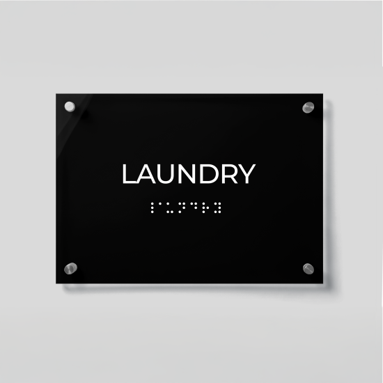 ADA Compliant Acrylic Laundry Room Sign with Braille – Acrylic Door Name Plate, Tactile Raised Lettering, Clear Wall Mounted Accessible Sign with Silver Standoffs for Homes, Apartments & Facilities