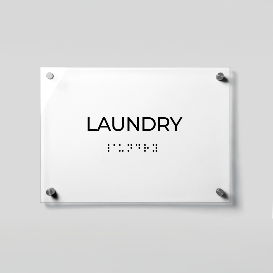 ADA Compliant Acrylic Laundry Room Sign with Braille – Acrylic Door Name Plate, Tactile Raised Lettering, Clear Wall Mounted Accessible Sign with Silver Standoffs for Homes, Apartments & Facilities