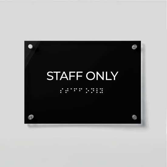 ADA Compliant Acrylic Staff Only Sign with Braille – Acrylic Office Door Plaque with Raised Lettering, Wall Mounted Accessible Business Sign with Silver Standoffs