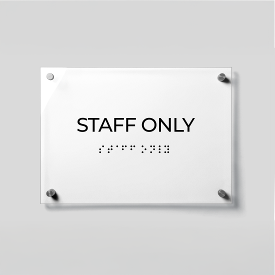 ADA Compliant Acrylic Staff Only Sign with Braille – Acrylic Office Door Plaque with Raised Lettering, Wall Mounted Accessible Business Sign with Silver Standoffs