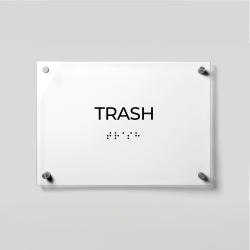 ADA Compliant Acrylic Trash Room Sign with Braille – Acrylic Door Plaque with Raised Lettering, Wall Mounted Accessible Business Sign with Silver Standoffs (White)