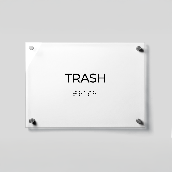 ADA Compliant Acrylic Trash Room Sign with Braille – Acrylic Door Plaque with Raised Lettering, Wall Mounted Accessible Business Sign with Silver Standoffs (White)