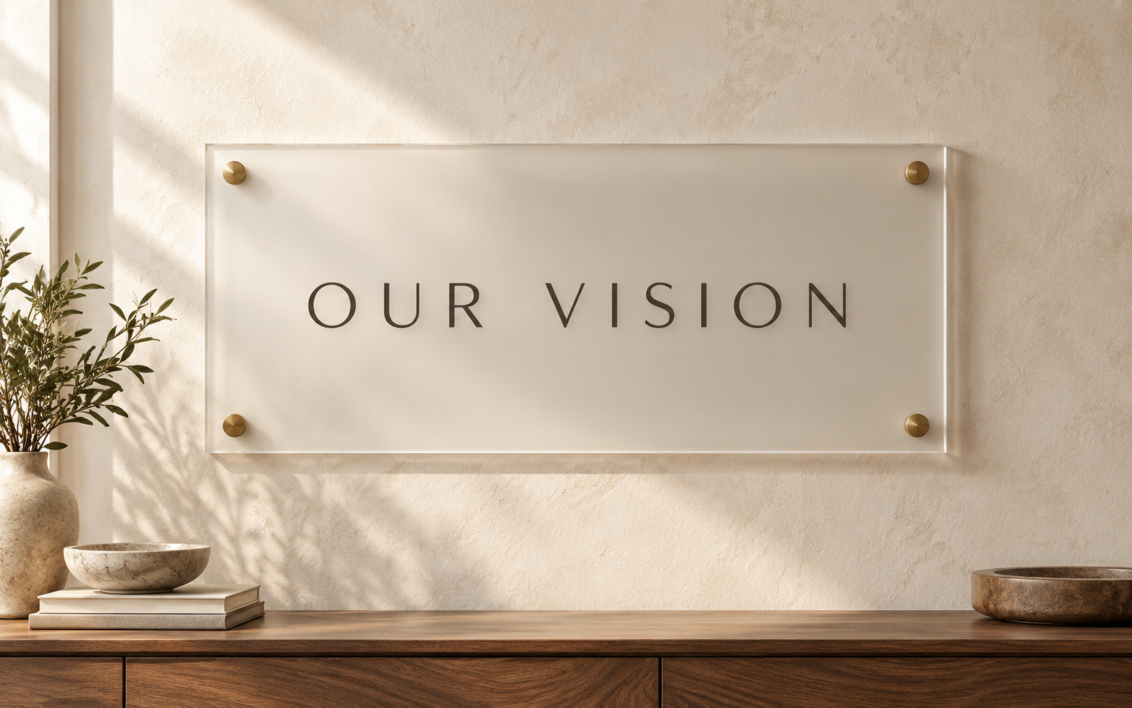 AI-generated editorial visualization of an OUR VISION acrylic-style wall plaque in a warm modern office.