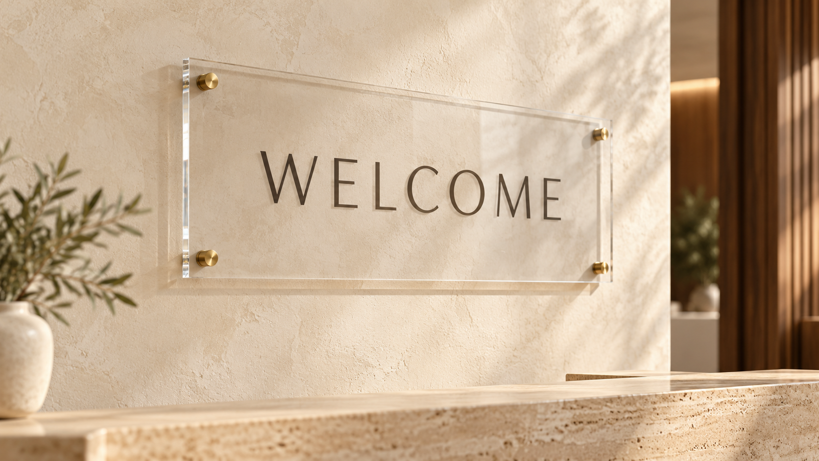 AI-generated editorial visualization of a WELCOME acrylic-style sign in a warm, modern reception; not a photograph of a supplied product.