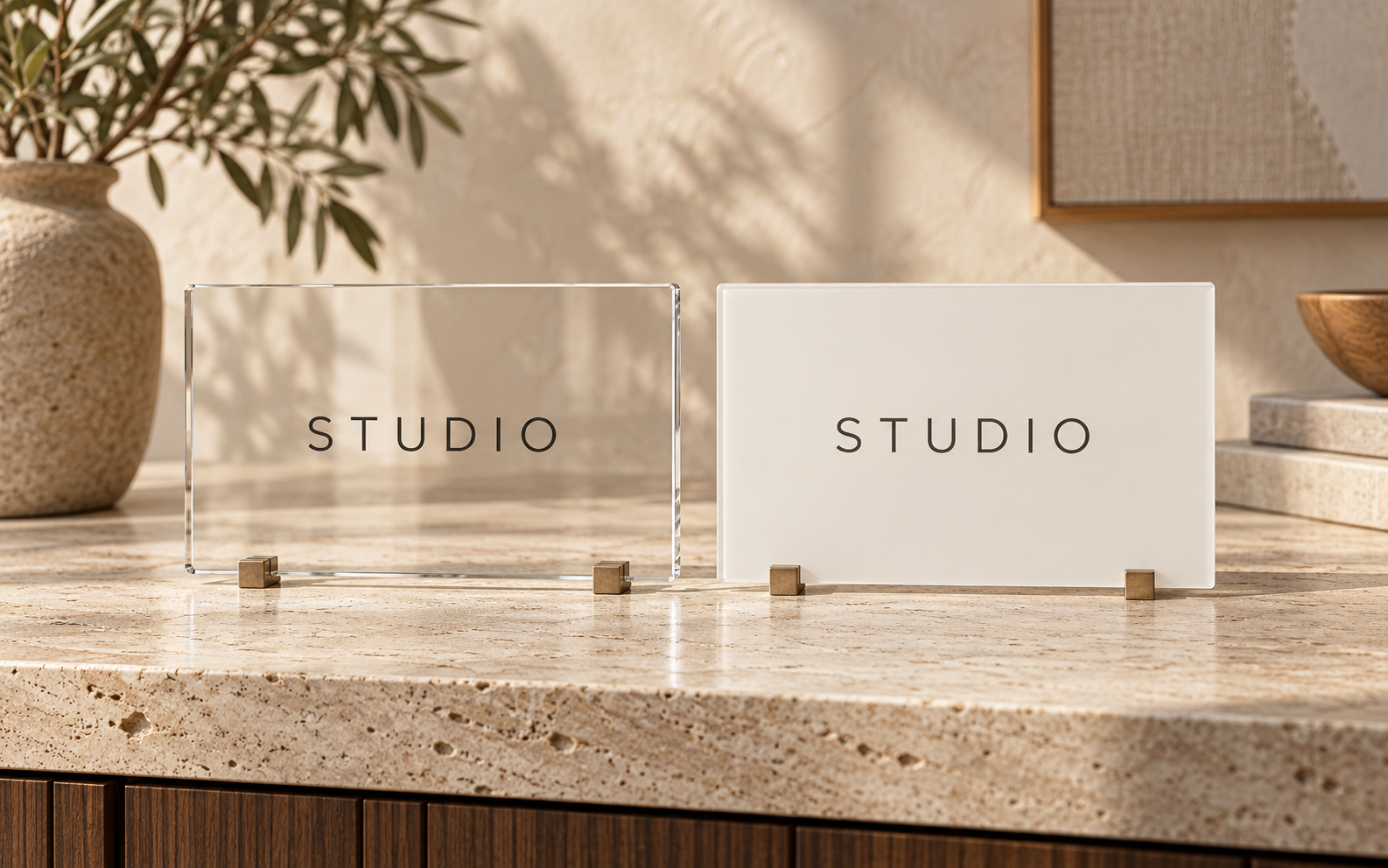 AI-generated editorial comparison of clear and opaque acrylic-style STUDIO signs; illustrative appearances, not verified material samples.